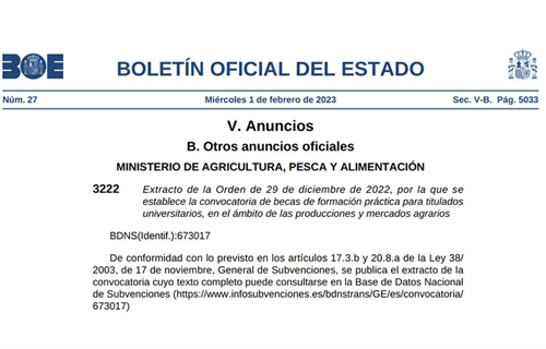 El BOE publica dos convocatorias de becas de formacin en agricultura y...