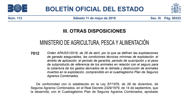 El BOE publica los seguros de retirada de animales muertos en explotaciones ganaderas