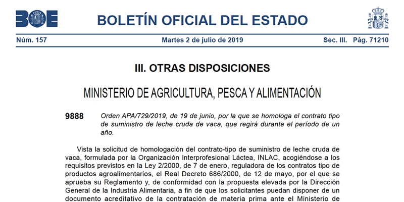 El BOE publica la orden por la que se homologa el contrato tipo de suministro de leche cruda de vaca