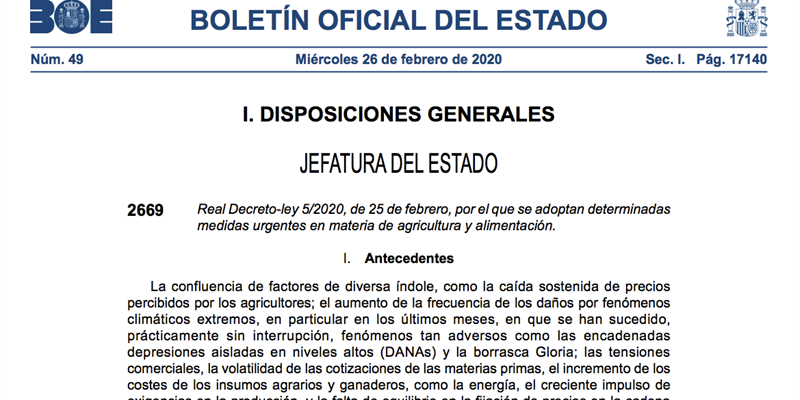 El BOE publica hoy el Real Decreto-Ley 5/2020 de medidas urgentes en materia de agricultura y alimentacin