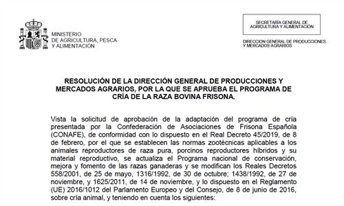 Aprobado el Programa de Cra de la Raza Bovina Frisona