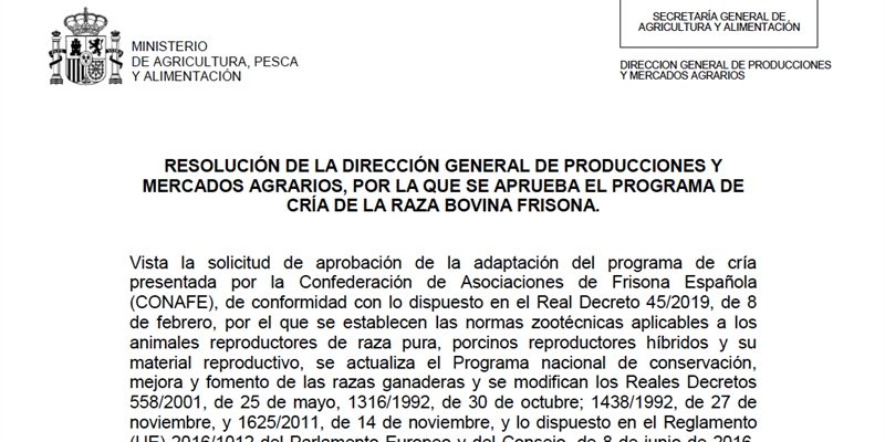 Aprobado el Programa de Cra de la Raza Bovina Frisona