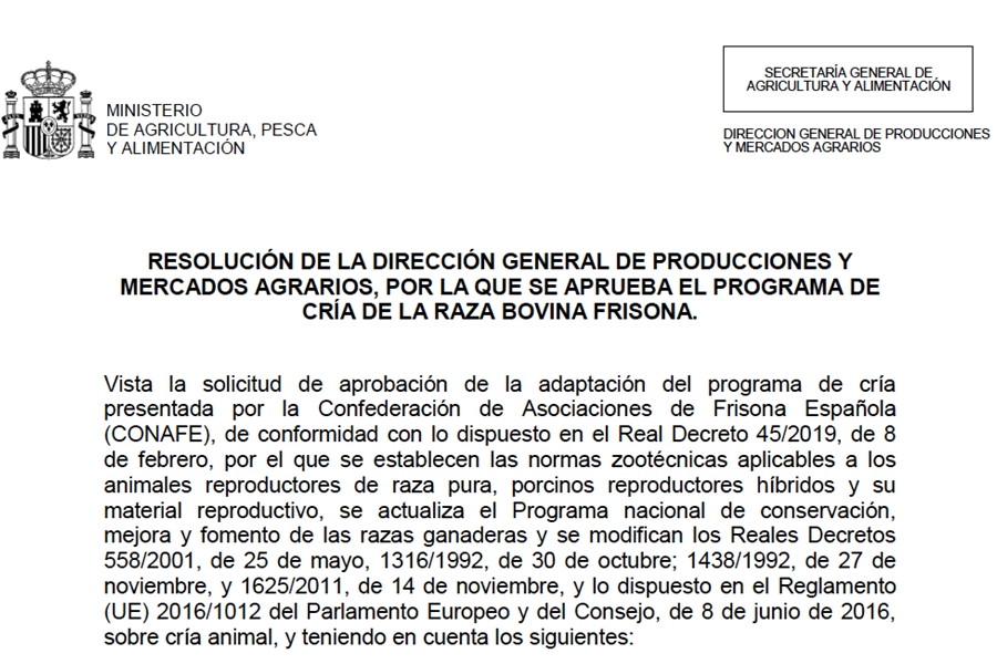 Aprobado el Programa de Cra de la Raza Bovina Frisona