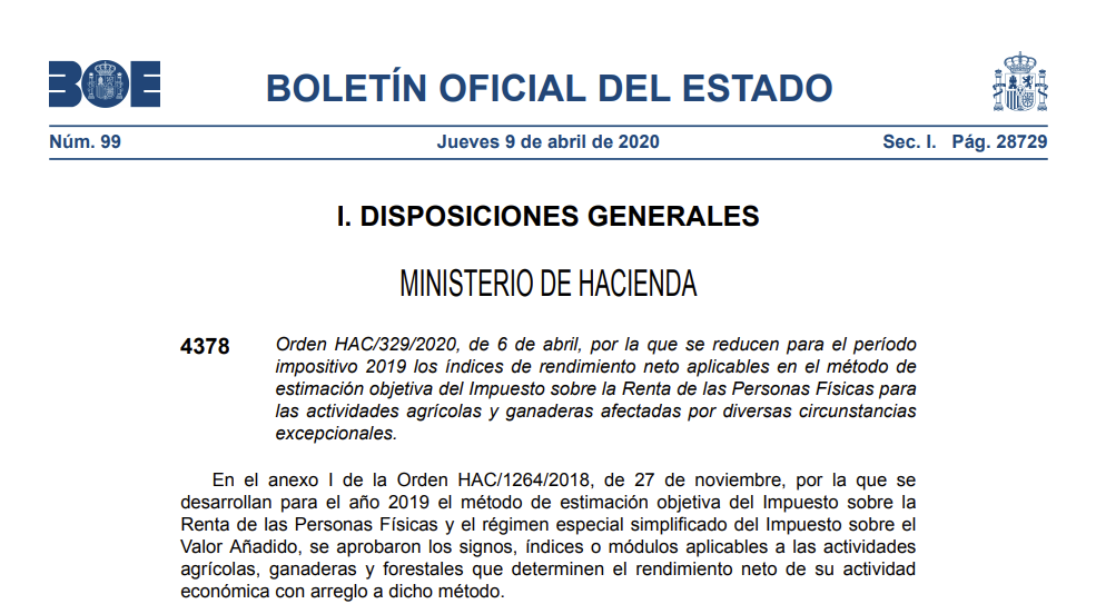 Publicada rebaja del IRPF de 2019 a agricultores y ganaderos con problemas