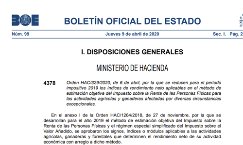 Publicada rebaja del IRPF de 2019 a agricultores y ganaderos con problemas