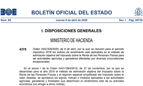 Publicada rebaja del IRPF de 2019 a agricultores y ganaderos con problemas