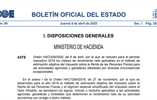 Publicada rebaja del IRPF de 2019 a agricultores y ganaderos con problemas