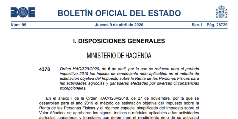 Publicada rebaja del IRPF de 2019 a agricultores y ganaderos con problemas