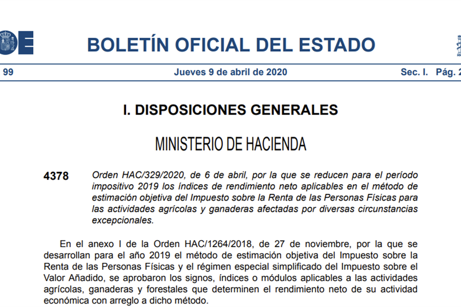 Publicada rebaja del IRPF de 2019 a agricultores y ganaderos con problemas