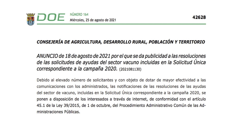 Extremadura publica las resoluciones de ayudas al sector vacuno extremeo de la Solicitud nica