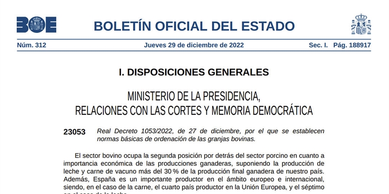 El BOE publica el real decreto que limita el tama�o de las granjas de vacuno a 725 vacas de leche