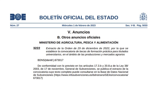 El BOE publica dos convocatorias de becas de formacin en agricultura y...