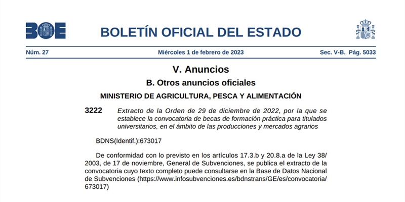 El BOE publica dos convocatorias de becas de formacin en agricultura y ganadera