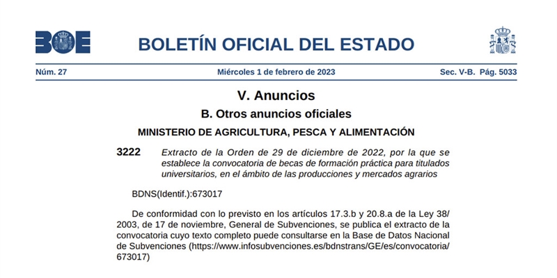 El BOE publica dos convocatorias de becas de formación en agricultura y ganadería