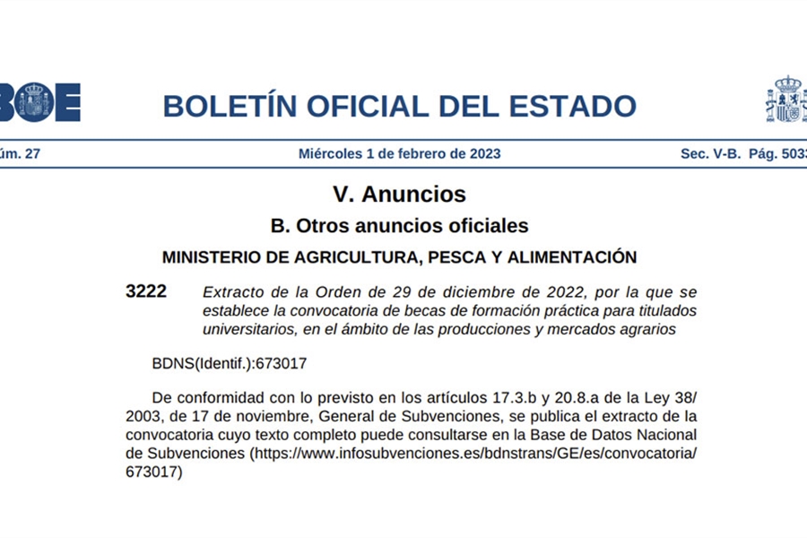 El BOE publica dos convocatorias de becas de formacin en agricultura y...
