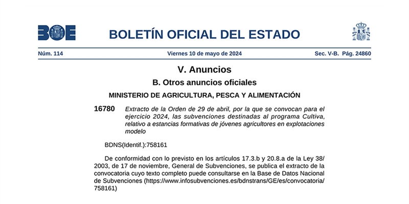 El Ministerio de Agricultura, Pesca y Alimentacin convoca las ayudas del programa Cultiva 2024 por 1,2 millones de euros