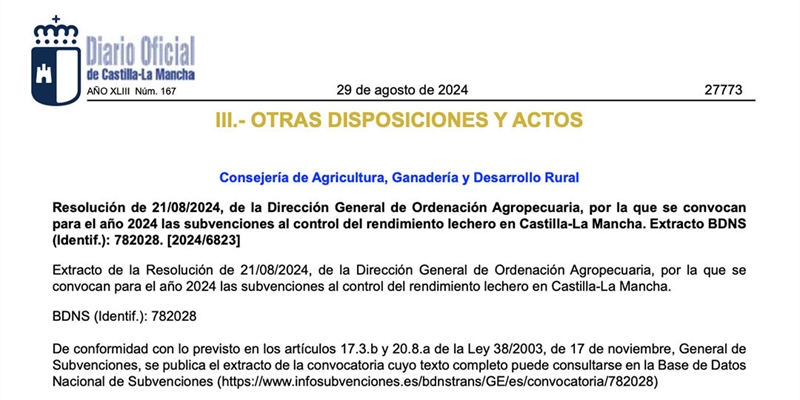 El Gobierno de Castilla-La Mancha convoca 300.000 euros en ayudas para el control del rendimiento lechero en la regin