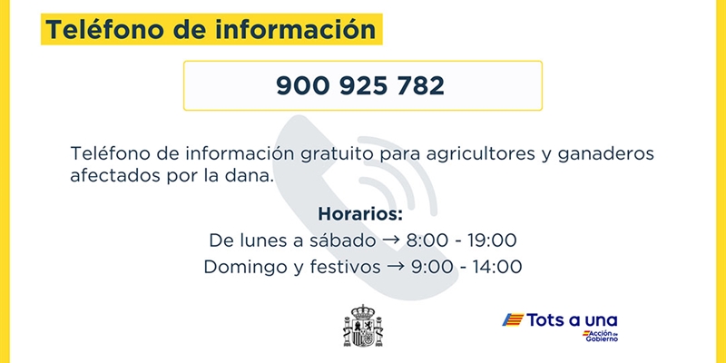 El MAPA habilita el telfono 900 925 782 para informar a agricultores y ganaderos afectados por la dana