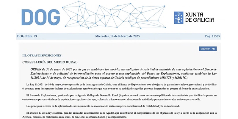 Galicia publica los modelos para solicitar la inclusin o el acceso en el Banco de Explotaciones creado por la Xunta a favor del relevo en el campo