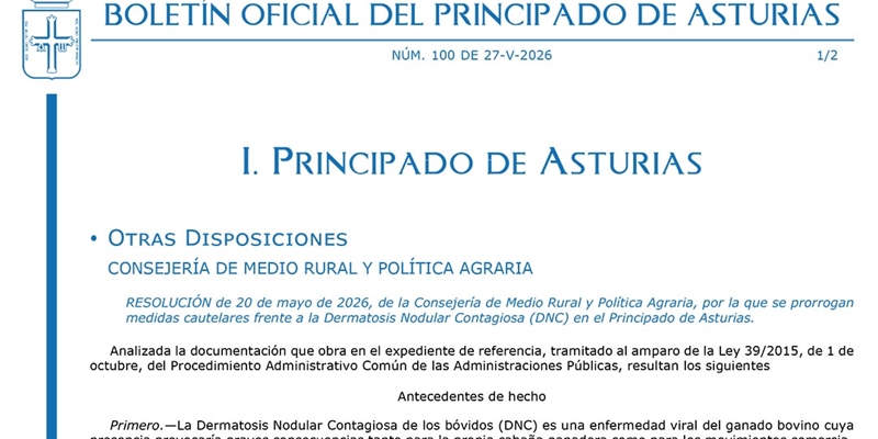 Asturias prorroga hasta el 31 de julio las medidas de prevenci�n frente a la dermatosis nodular contagiosa