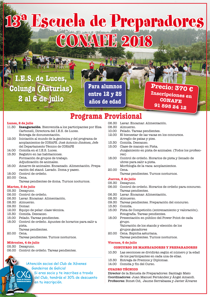 Abierta la inscripción a la 13º Escuela de Preparadores CONAFE 2018, curso de formación para futuros profesionales del sector ganadero vacuno de leche